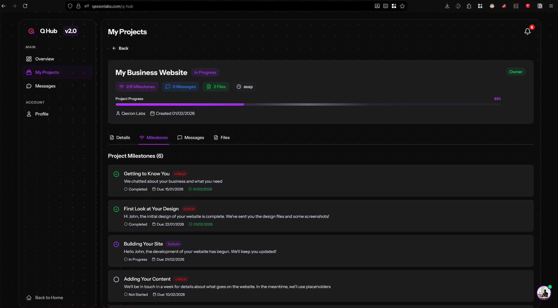 Q Hub client portal dashboard displaying project status and delivery milestones