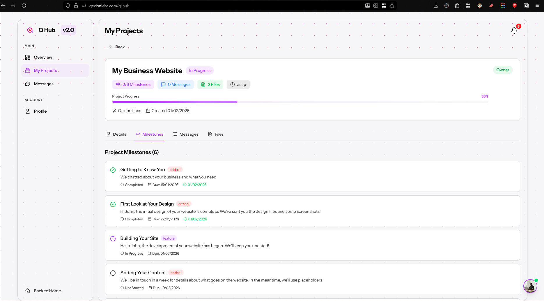 Q Hub project dashboard in dark mode showing real-time progress tracking and milestone timeline