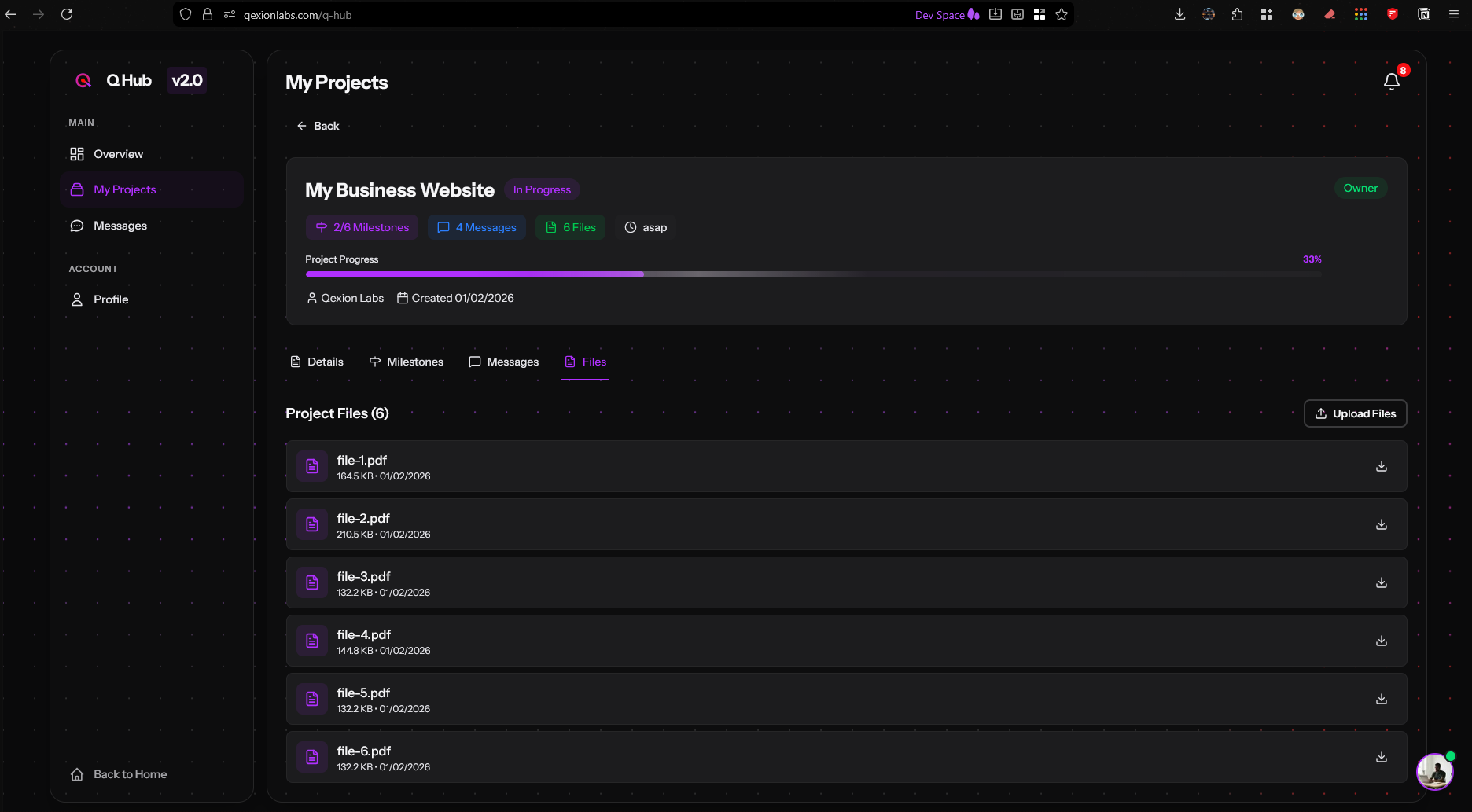 Q Hub document management system for accessing designs, code, and project files