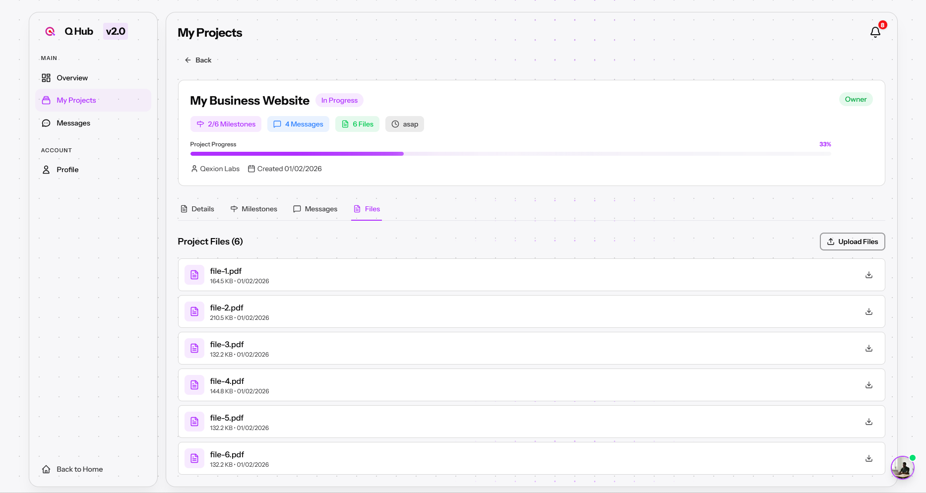 Q Hub file manager in dark mode showing organized project deliverables and downloads