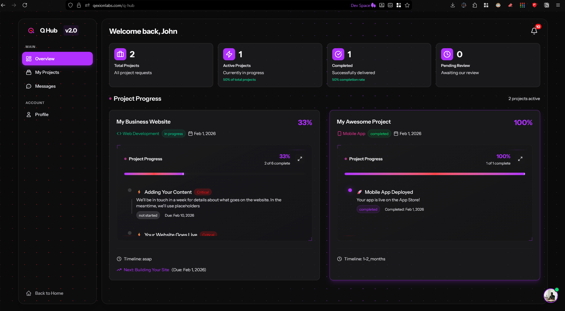 Q Hub long-term support interface showing project history and maintenance options