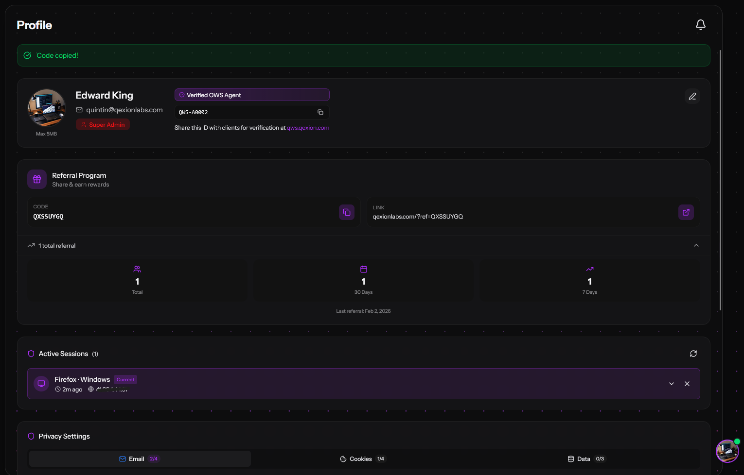QWS Agent portal displaying real-time referral statistics and payout history