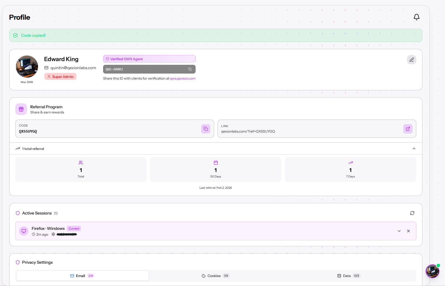 QWS Agent dashboard in dark mode showing referral tracking and commission earnings