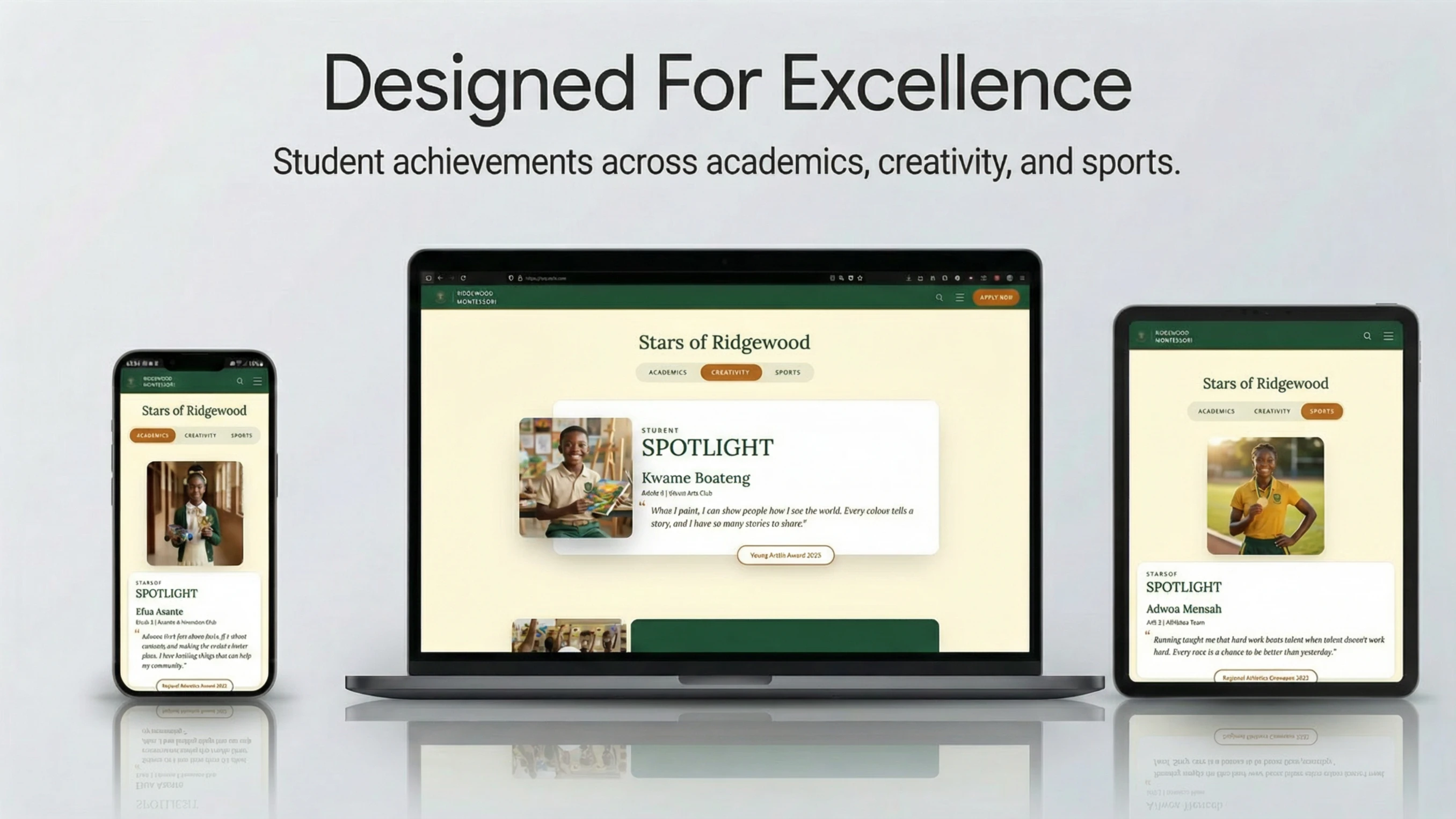 Student spotlight section highlighting achievements